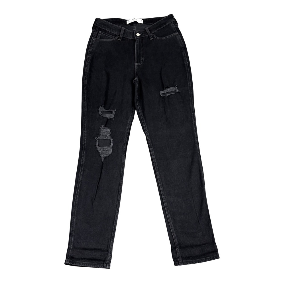 Hollister Women 7/28 Black Mom Jeans Curvy High Rise Distressed‎ Ripped Denim